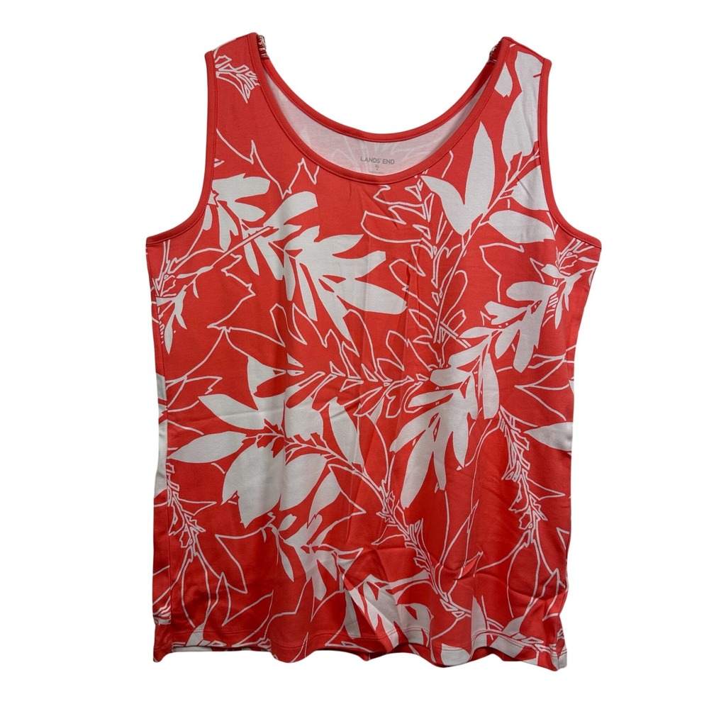 Lands End Womens XL Tank Top Coral Red White Tropical Leaf Print 100% Cotton